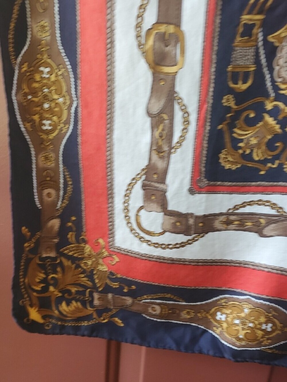 Decorative Equestrian Red and Navy Baroque Silk-Feel Scarf - Picture 7 of 7